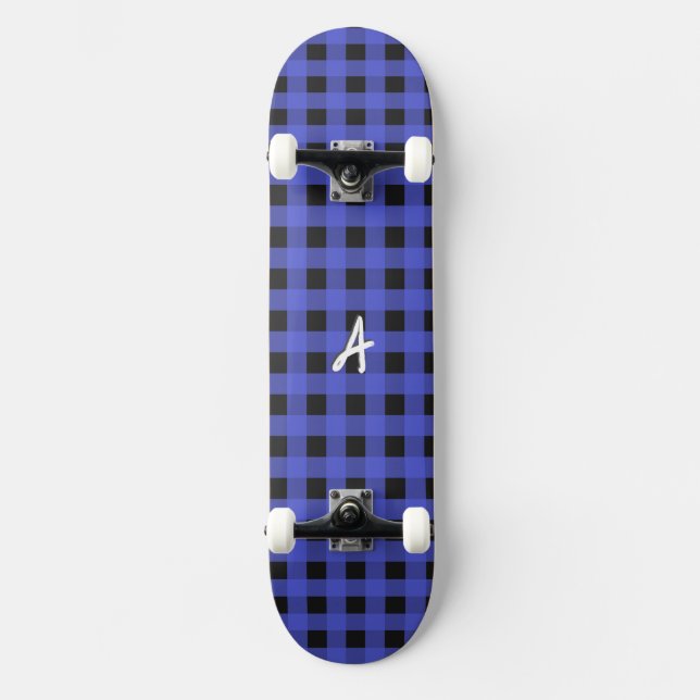 Skate Xadrez Azul com Monograma Búfalo Padrão Rústico (Frente)