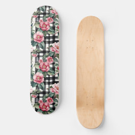 Skate Xadrez Preta e Branca com Camellias Rosa Folha