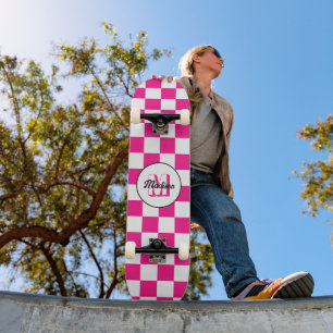 Skate Xadrez Rosa quente branco geométrico retro Monogra