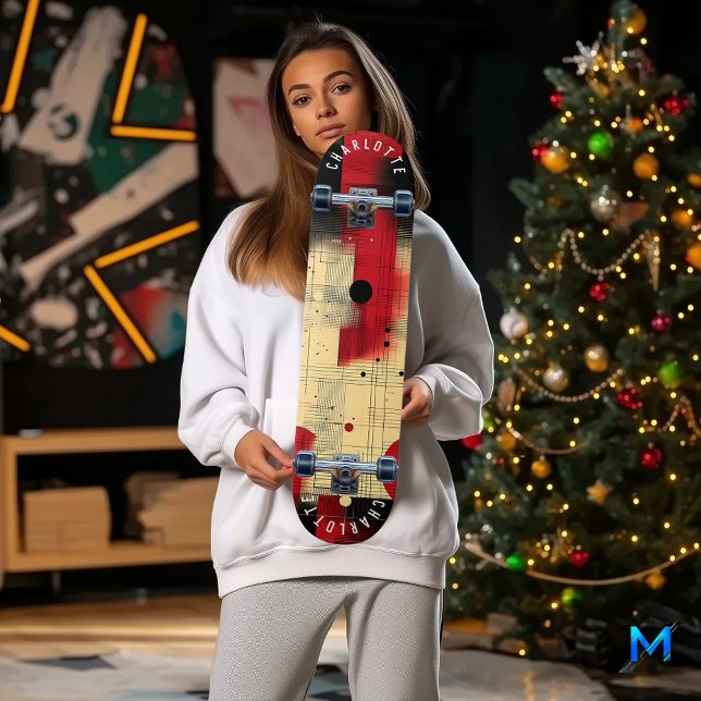 Skateboard Abstrato Geométrico Vermelho e Preto Ou (Criador carregado)