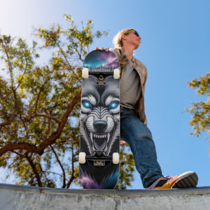 Skateboard com cabeça de lobo rosnando