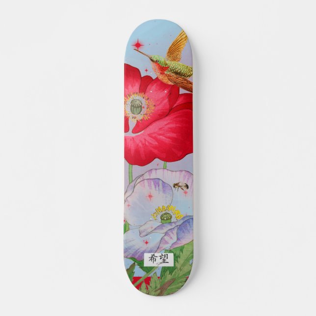 SKATEBOARD COM FLORES JAPONESAS E HUMMINGBIRD (Frente)