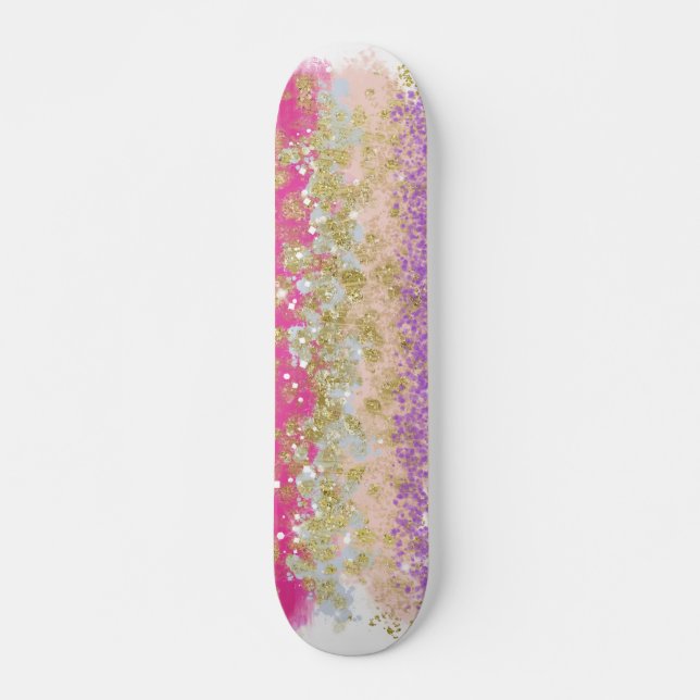 Skateboard com Pontos Ouro Rosa e Roxo (Frente)