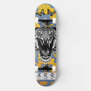 SKATEBOARD COM TIGER JAPONÊS E NUVENS AMARELAS