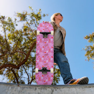 Skateboard Corações de Amor Rabiscados Rosa
