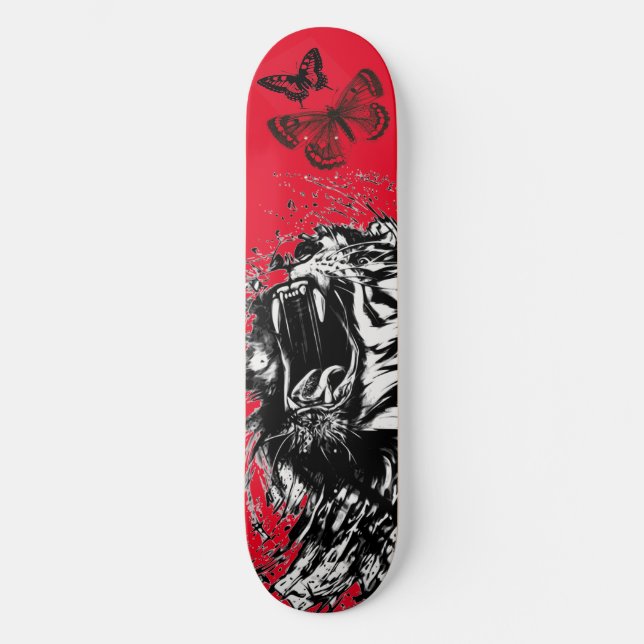 SKATEBOARD DE TIGRE PRETA E BRANCA EM VERMELHO (Frente)
