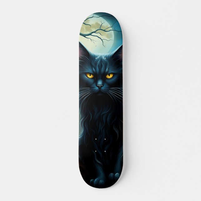 Skateboard Gato negro en noche de luna llena (Frente)