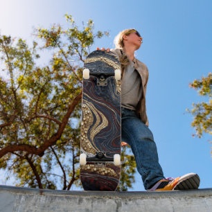 Skateboard Geodo Preto Dourado Vermelho Luxo Ágata