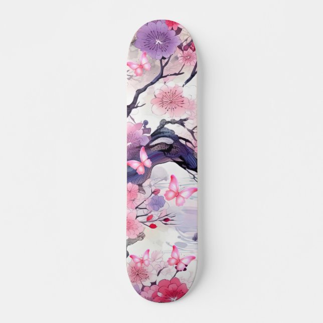Skateboard Japonês Cherry Blossom e Borboletas (Frente)