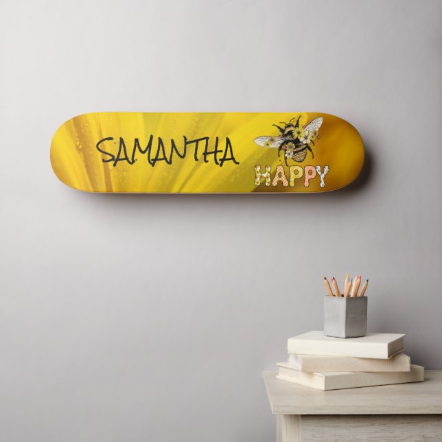 Skateboard Personalizada Abelha Amarela Feliz (Arte de parede (Horz))