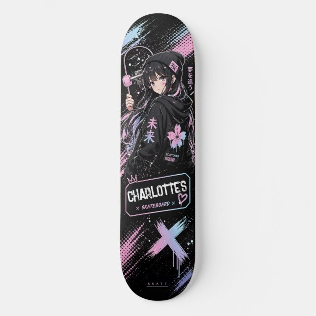 Skateboard Preto e Pastel Personalizado de Anime (Frente)
