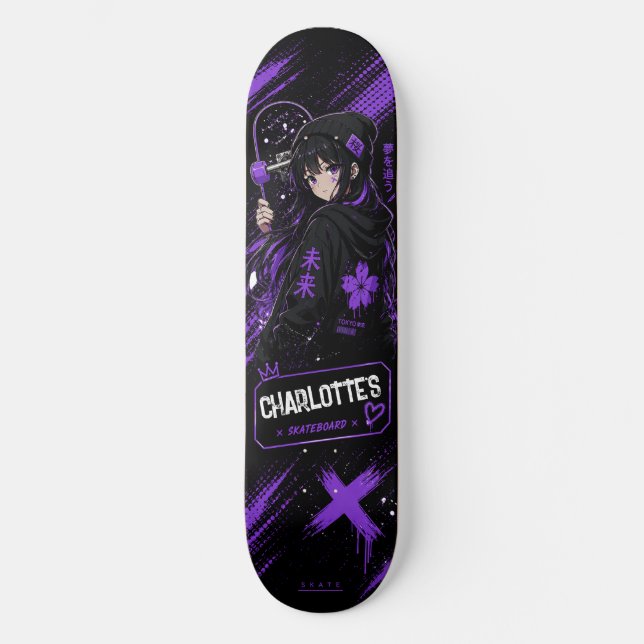 Skateboard Preto e Roxo Personalizado de Anime (Frente)