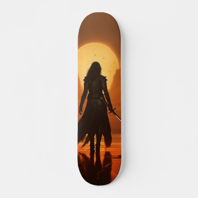 Skateboard Silueta de mujer guerrera al amanecer (Frente)