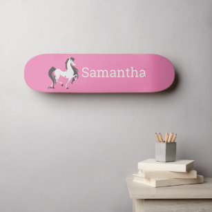 Skateboard White Horse Pink Glitter
