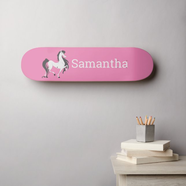 Skateboard White Horse Pink Glitter (Arte de parede (Horz))