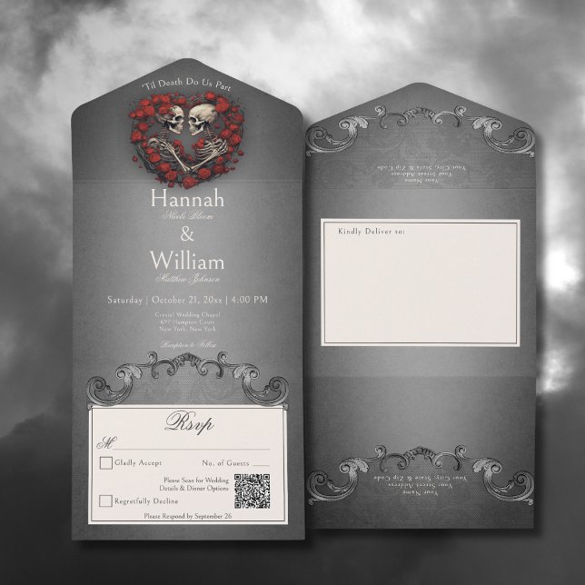 Skeletons Góticos Escuros e Código QR do Coração R (Gothic Dark Skeletons & Rose Heart All In One Wedding Invitation with QR Code)