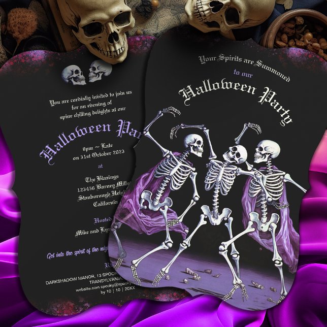 Skeletons Roxos Dançando Halloween (If you love Gothic Purple things this is the invitation for you. perfect for Adult Halloween Parties)