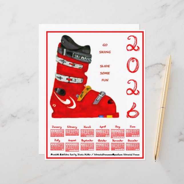 Ski Boot Go Skiing Slide Some Fun 2026 Calendar (Frente/Verso In Situ)
