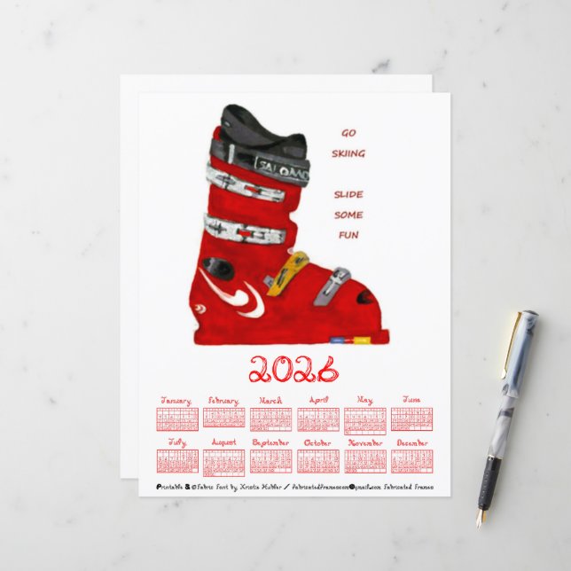 Ski Boot Go Skiing Slide Some Fun 2026 Calendar (Frente/Verso In Situ)