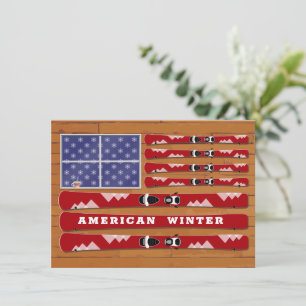 Skis e Snowflakes USA Flag com Muro de Madeira