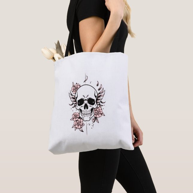 Skull and Flower Tote Bag | Edgy Floral Design (Close Up)