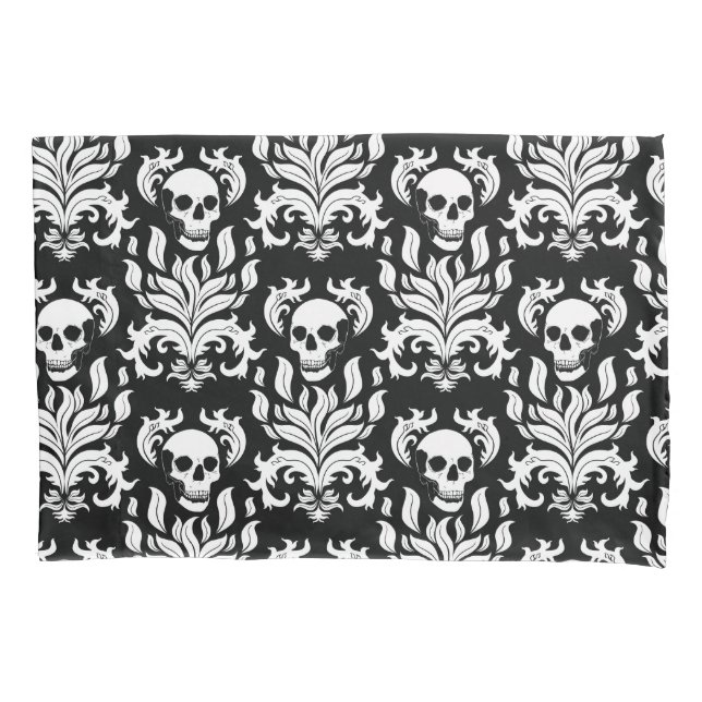 Skull Flame Damask in stark white on black (Damasc (Frente-Esquerda)