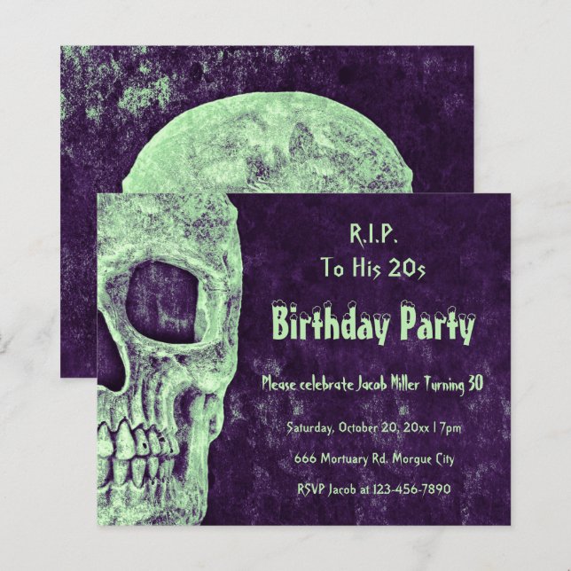 Skull Purple Green Birthday RIP para seu orçamento (Frente/Verso)