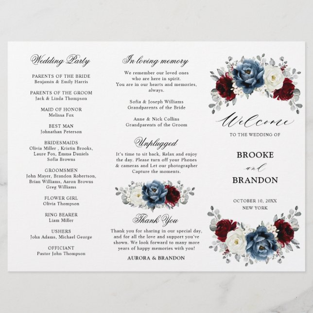 Slate Blue Burgundy Boho Wedding Tri-Fold Program (Frente)