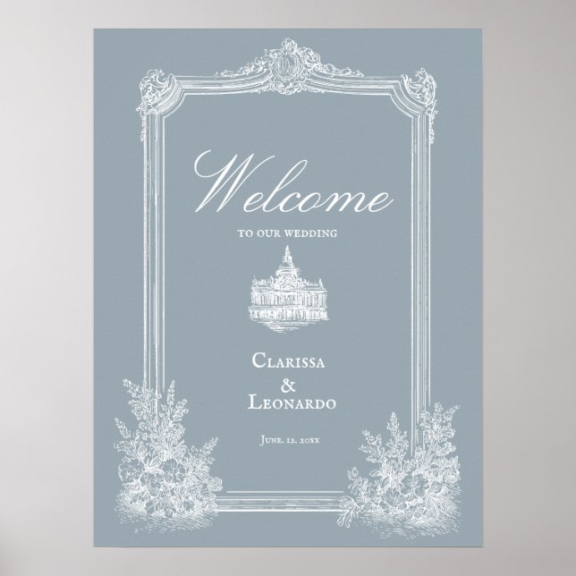Slate Blue French Country Wedding Welcome Poster (Frente)