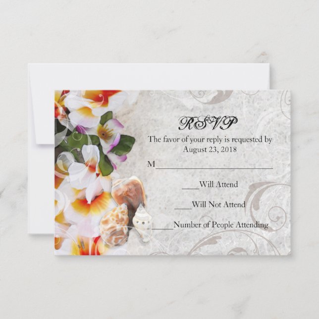 Sm Plumeria Orchid Lei em Sand Beach Wedding RSVP (Frente)