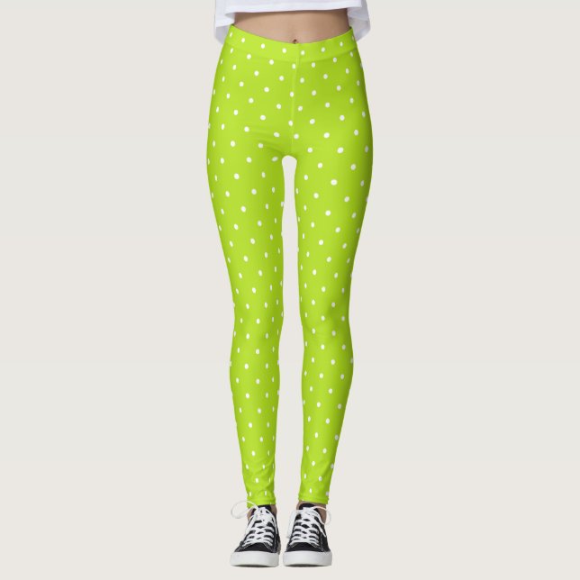 Small white polka dots on lime green leggings  (Frente)