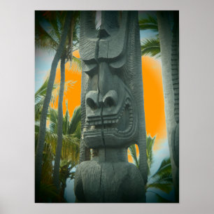 Smiling tiki statue tropical orange poster
