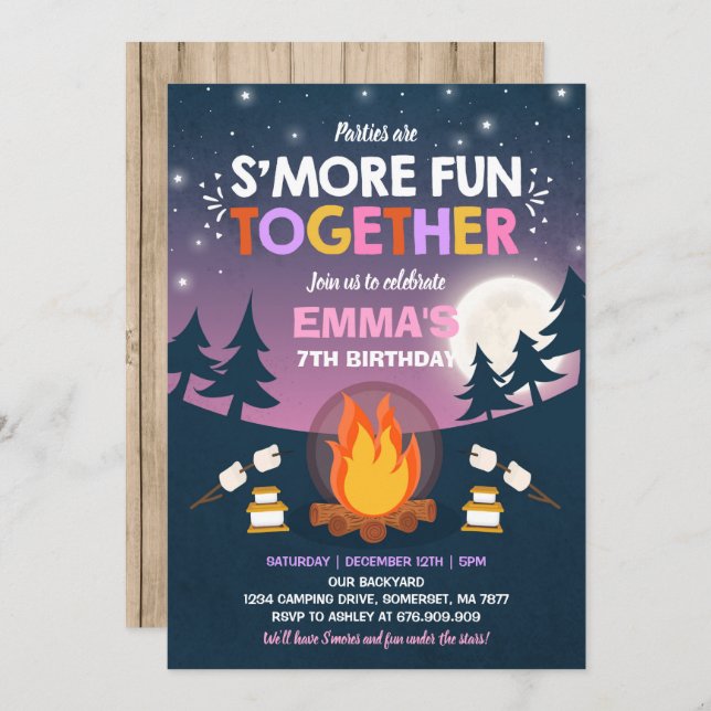 S'mores Birthday Convite S'mores Bonfire Party (Frente/Verso)