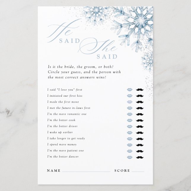 Snow in Love He Said She Said Bridal Shower Game (Frente)