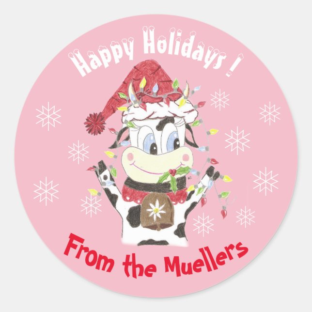 Snowbell, a vaca - Happy Holidays, adesivos rosa (Frente)