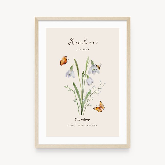 Snowdrop Birth Month Flower Poster (Example of snowdrop birth flower poster once framed. )