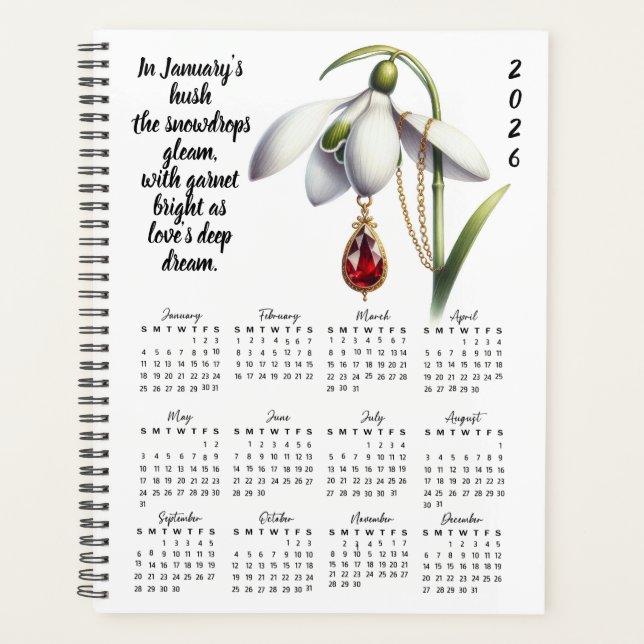 Snowdrop & Garnet Janeiro Verso – 2026 Planejador (Frente)
