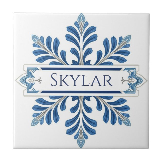 Snowflake pattern blue & white holiday custom name (Frente)