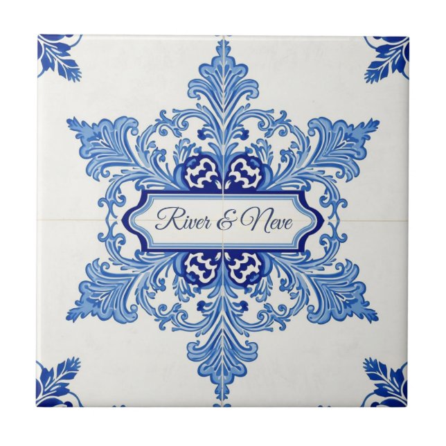 Snowflake pattern blue & white holiday custom name (Frente)