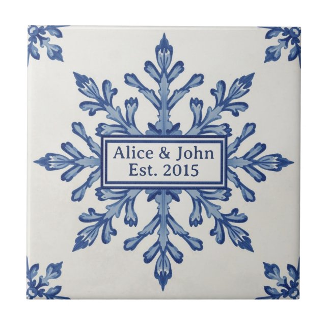 Snowflake pattern blue & white holiday custom name (Frente)