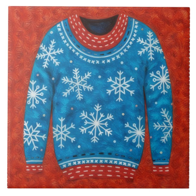 Snowflake Red Blue Ugly Sweater Fun Holiday Tile (Frente)