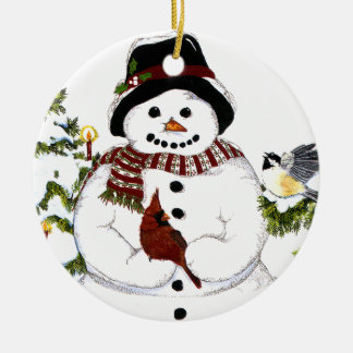 Snowlady e cardinal doces, ornamento do chickadee