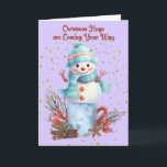 Snowman Abraça Cartões de Natal<br><div class="desc">Snowman abraça o cartão de Natal com um bonitinho bonitinho a passar por cima de um contentor com decorações à sua volta. As palavras na dentro podem ser alteradas.</div>