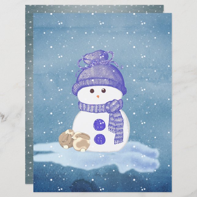 Snowman and Sleeping Bunnies Scrapbook Paper (Frente/Verso)