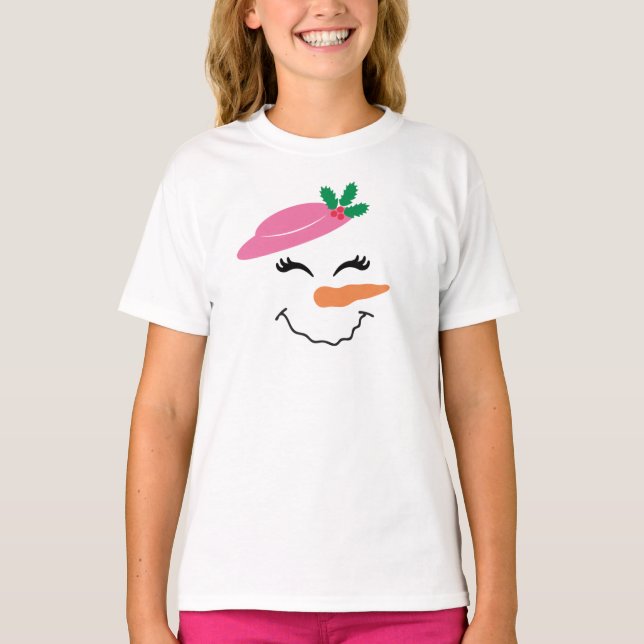 Snowman Sorri de Face com Camisa de Chapéu Rosa 2T (Frente)