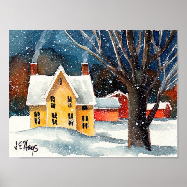 Snowy Farmhouse and Barns Poster (Frente)