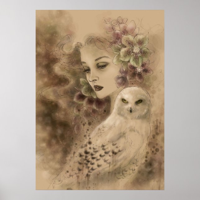 Snowy Owl e Rosa de Natal Fantasy Art Poster (Frente)