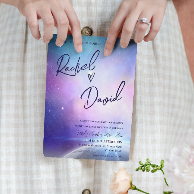 Sob o Casamento da Tipografia Rosa Púrpura (Under the Stars Purple Pink Typography Wedding Invitation)