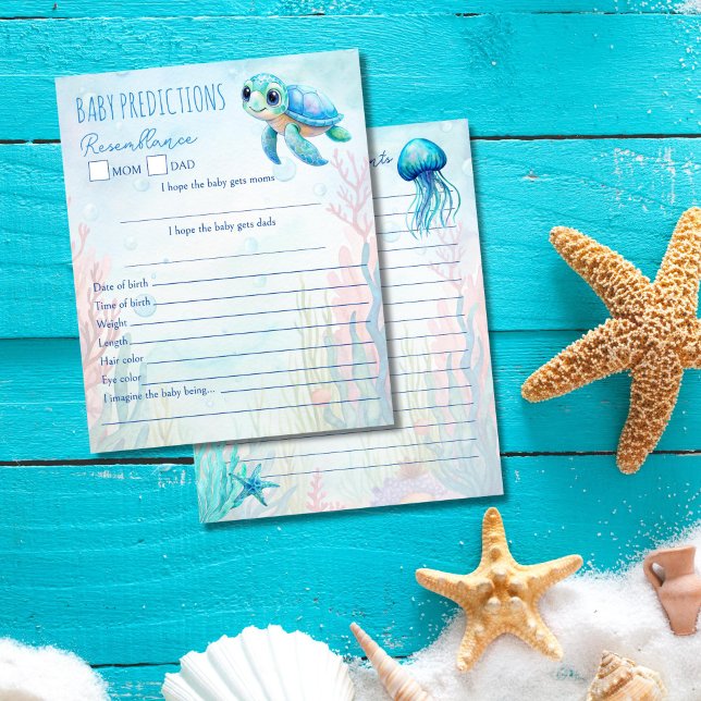 Sob o conselho de previsão de tartaruga-azul bebê (Under the sea turtle aqua blue baby predictions and advice for new parents baby shower game cards)