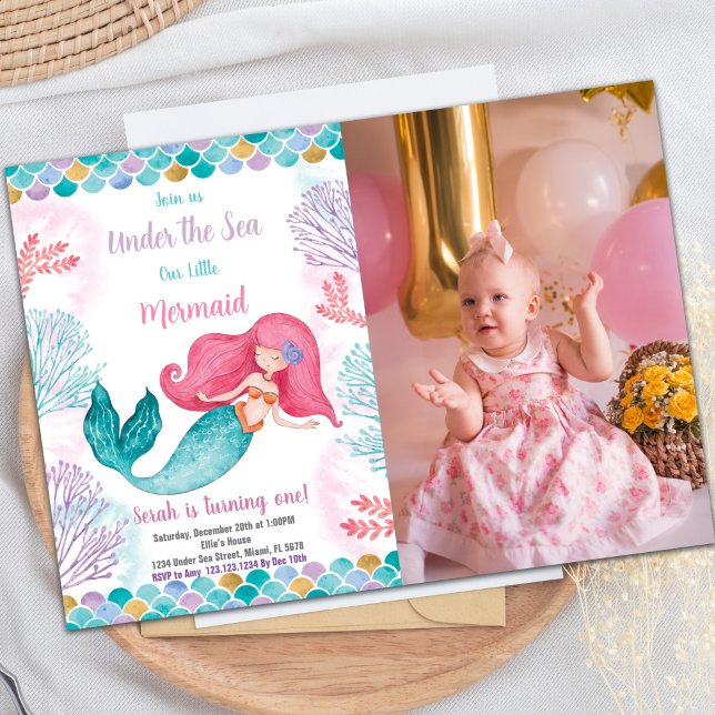Sob o convite de aniversário da Sereia (Under the sea Mermaid Birthday Invitations w photo)